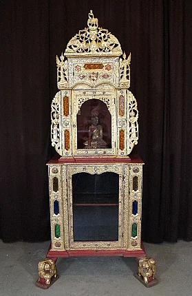 Antique Burmese wooden Buddha temple shrine, full front view with glass niche and lion feet
