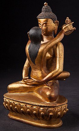Buddha Shakti bronze statue from Nepal, three-quarter right view showing consort’s raised arm