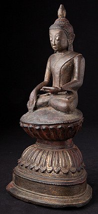 Bronze Ava Buddha statue from Burma (Myanmar) in three-quarter view, seated on lotus base