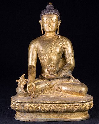 Nepalesische Bronze-Statue des Medizin-Buddha, sitzend auf graviertem Lotussockel, Frontalansicht