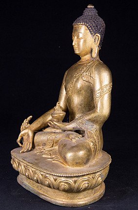 Bronze-Statue des Medizin-Buddha aus Nepal, sitzend, Dreiviertelansicht von links