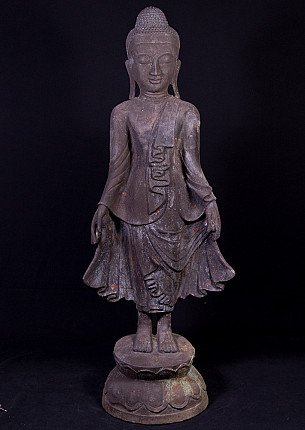 Burmese Mandalay bronze Buddha statue, full front view on lotus base