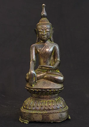 Burmese Ava bronze Buddha statue seated on lotus base, full front view with bhumisparsha mudra