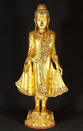 Stehende Mandalay-Buddha-Statue aus Holz, Myanmar, vergoldet, frontal auf Lotus-Sockel