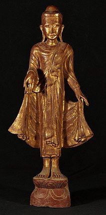 Stehende Buddha-Statue aus Holz aus Burma (Myanmar), Vorderansicht mit Varada-Mudra
