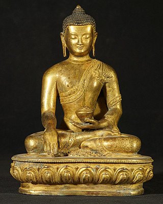 Nepalesische Buddha-Statue aus Bronze, sitzend in Bhumisparsha-Mudra, Frontalansicht