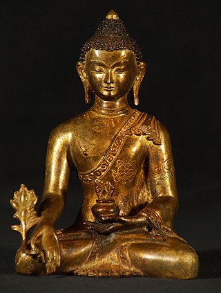 Nepalesische Medizinbuddha-Statue aus Bronze, sitzend frontal mit Varada-Mudra