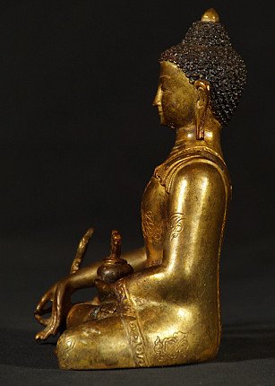 Nepalesische Medizinbuddha-Statue aus Bronze, Seitenansicht sitzend mit Schale im Schoß