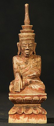 Wooden Shan Buddha statue from Burma, seated in bhumisparsha mudra on lotus base, full front