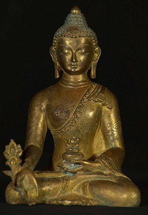 Bronzene Medizinbuddha-Statue aus Nepal, sitzend, Frontalansicht mit Schale und Pflanze