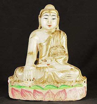Marble Buddha statue from Burma (Myanmar) in bhumisparsha mudra, seated on lotus base, front view