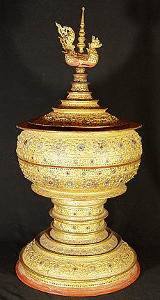 Large Burmese lacquerware offering vessel with Hintha bird finial, full view