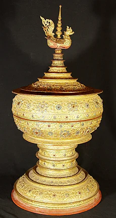Large Burmese lacquerware offering vessel with Hintha bird finial, full view