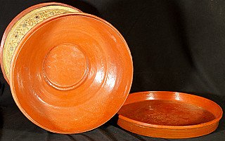 Burmese lacquerware offering vessel showing red lacquer interior with lid removed