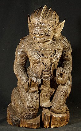 Large wooden Hanuman statue from Indonesia, seated full front view with carved ornaments