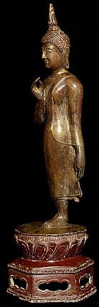 Bronze Sukhothai Buddha statue from Thailand, left side profile with raised hand