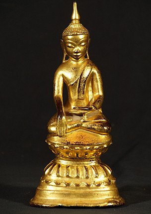 Antike bronzene Buddha-Statue aus Burma in Bhumisparsha-Mudra, Frontalansicht auf Lotossockel
