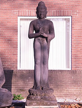Große Buddha-Statue aus Lavastein aus Indonesien, stehend auf Lotus-Sockel, Frontalansicht
