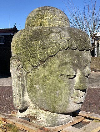 Indonesische Boeddhakop van lavasteen, driekwartaanzicht rechts met oor en haarlokken