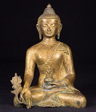 Bronze-Medizinbuddha aus Nepal, sitzend in Varada-Mudra, Frontalansicht
