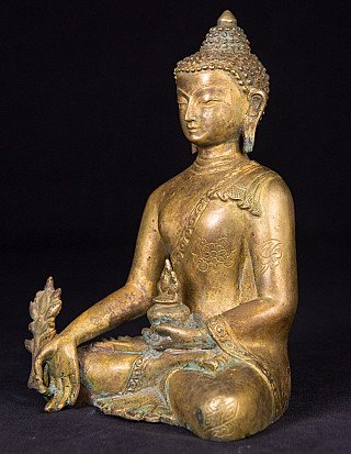 Medizinbuddha-Statue aus Bronze aus Nepal, Dreiviertelansicht mit Gefäß in der Hand