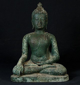 Thai bronze Buddha statue seated, full-front view with green patina