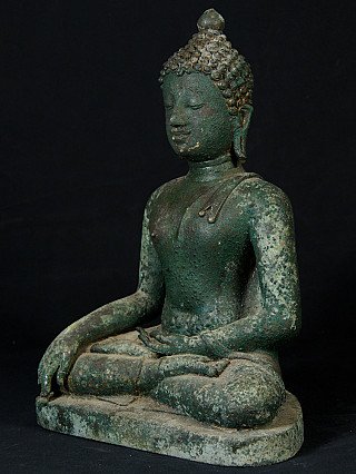 Bronze Buddha statue from Thailand, three-quarter left view showing torso and hands
