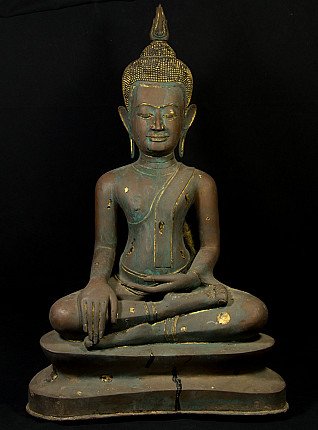 Thai U-Thong Buddha statue in bronze, seated in bhumisparsha mudra, full front view