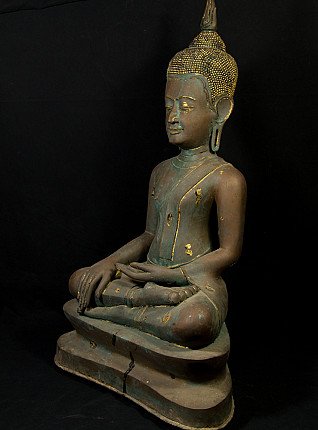 Thai bronze U-Thong Buddha statue, seated, three-quarter left view with base