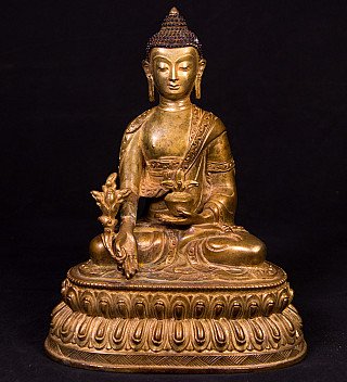 Nepalesische Medizin-Buddha-Statue aus Bronze, sitzend auf Lotussockel, mit Schale und Varada-Mudra, Frontansicht
