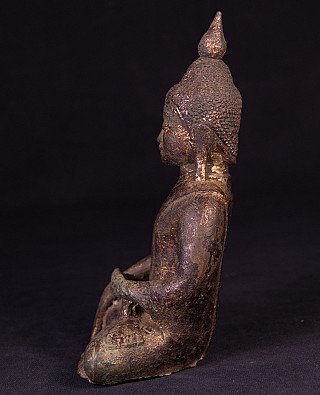 Burmese bronze Buddha statue, seated, left side profile view
