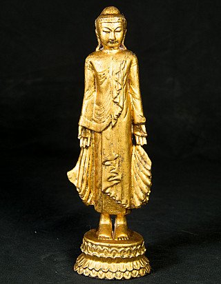 Stehende hölzerne Buddha-Statue aus Burma (Myanmar) im Mandalay-Stil, Frontalansicht auf Lotussockel