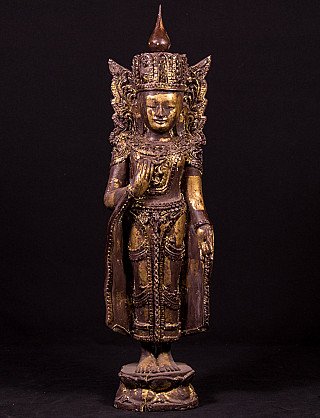 Crowned wooden Buddha statue from Burma (Myanmar), Shan style, standing, full front view
