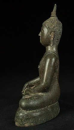 Bronze Buddha statue from Sri Lanka, seated on base, left side profile