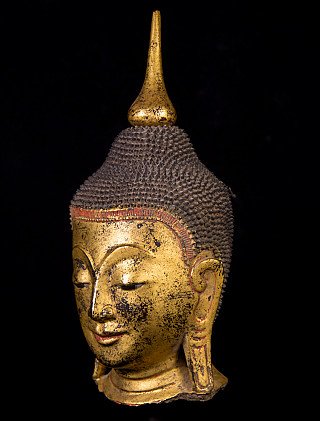 Boeddhakop uit Myanmar in Shan-stijl van lakwerk, driekwart links met oor en haarstructuur