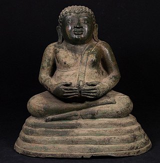 Phra Sangkachai bronze statue from Thailand, seated full-front on a tiered base