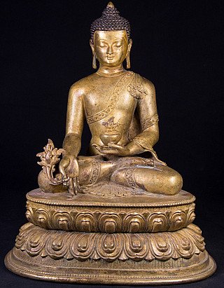 Nepalesische Medizinbuddha-Bronzestatue, sitzend auf Lotussockel, Frontalansicht