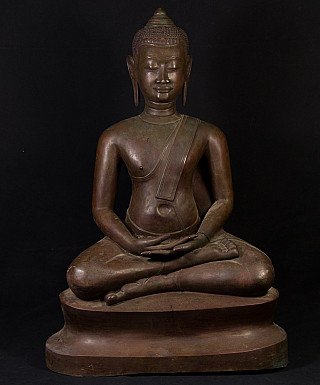 Thailändische Bronze-Buddha-Statue im U-Thong-Stil, sitzend in Dhyana-Mudra, Frontalansicht