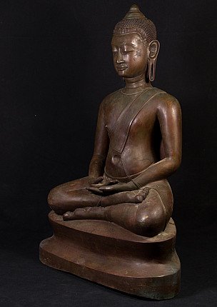 Buddha-Statue aus Bronze aus Thailand im U-Thong-Stil, Dreiviertelansicht mit Dhyana-Mudra