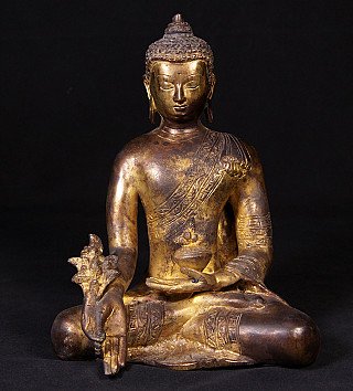 Nepalesische Medizinbuddha-Bronzestatue sitzend, frontal mit Varada-Mudra und Schale