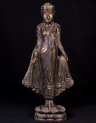 Stehende Buddha-Statue aus Holz aus Myanmar im Mandalay-Stil, Frontalansicht mit Sockel