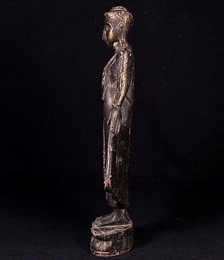 Stehende Buddha-Statue aus Holz aus Myanmar, linke Seitenansicht mit Sockel