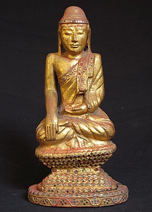 Antike hölzerne Buddha-Statue aus Burma, sitzend in Bhumisparsha-Mudra, Frontalansicht