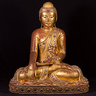 Große Mandalay-Buddha-Statue aus Myanmar aus Holz, sitzend in Bhumisparsha-Mudra, Frontansicht