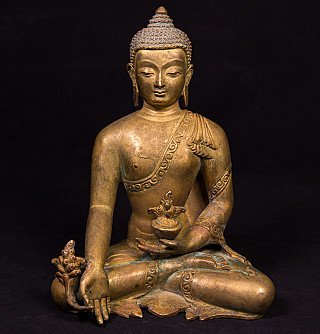 Nepalesische Medizin-Buddha-Statue aus Bronze, sitzend mit Schale, Frontalansicht
