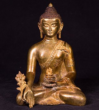 Nepalesische Bronze-Statue des Medizin-Buddha, sitzend von vorn, mit Gefäß und herabhängender rechter Hand