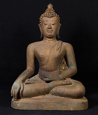 Thai bronze Buddha statue seated on base, full front view with bhumisparsha mudra