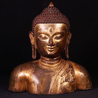 Nepalese bronzen Boeddhahoofd, vooraanzicht met urna, lange oorlellen en borstpartij