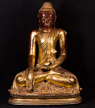 Burmese Mandalay Buddha statue in bronze, seated in bhumisparsha mudra, full front view