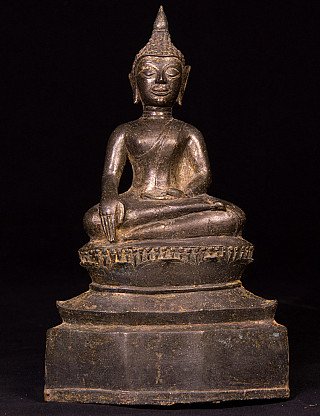 Thai bronze Buddha statue seated in bhumisparsha mudra, full front view on base